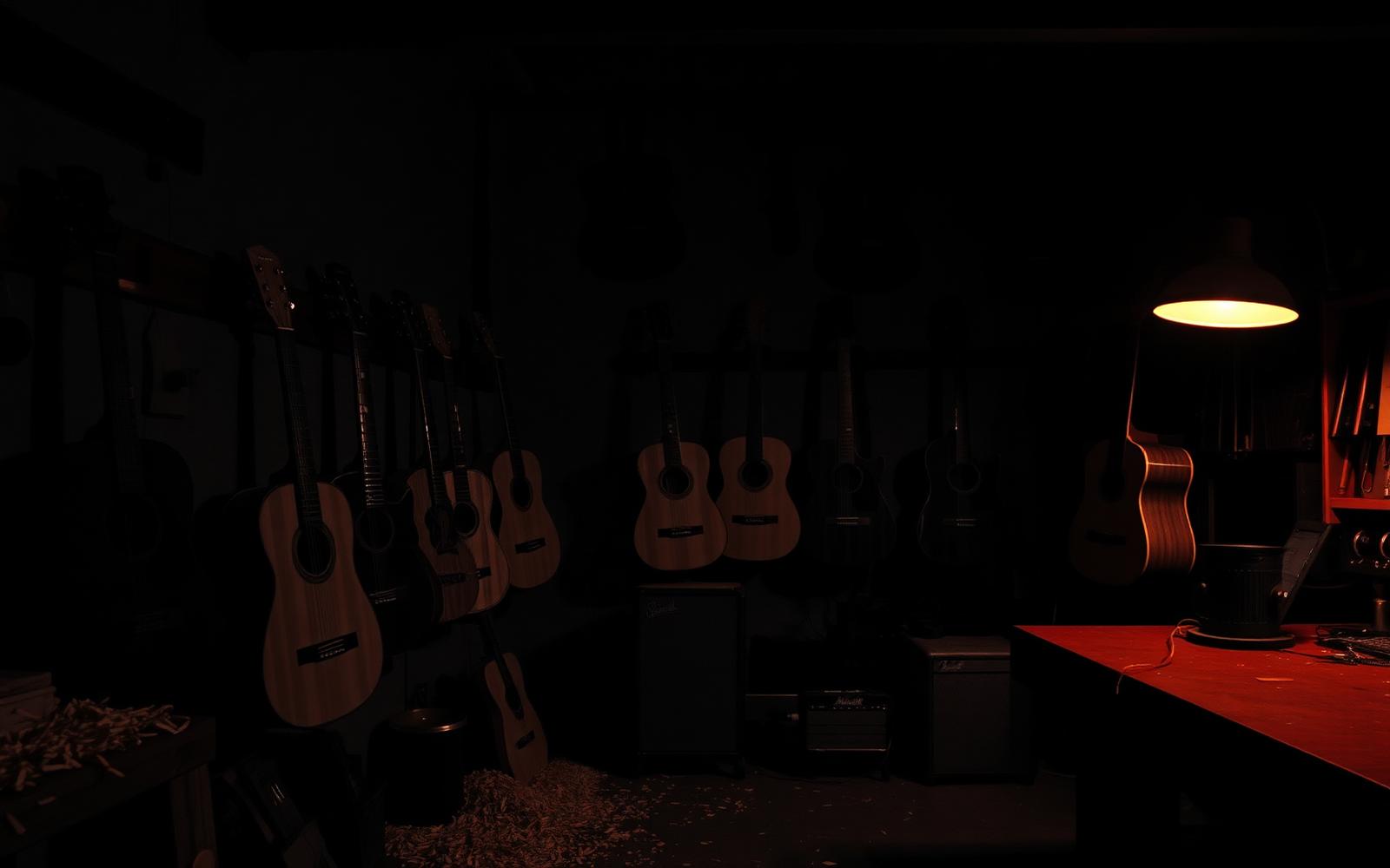 Nashville luthier workshop with guitars and warm lamp light